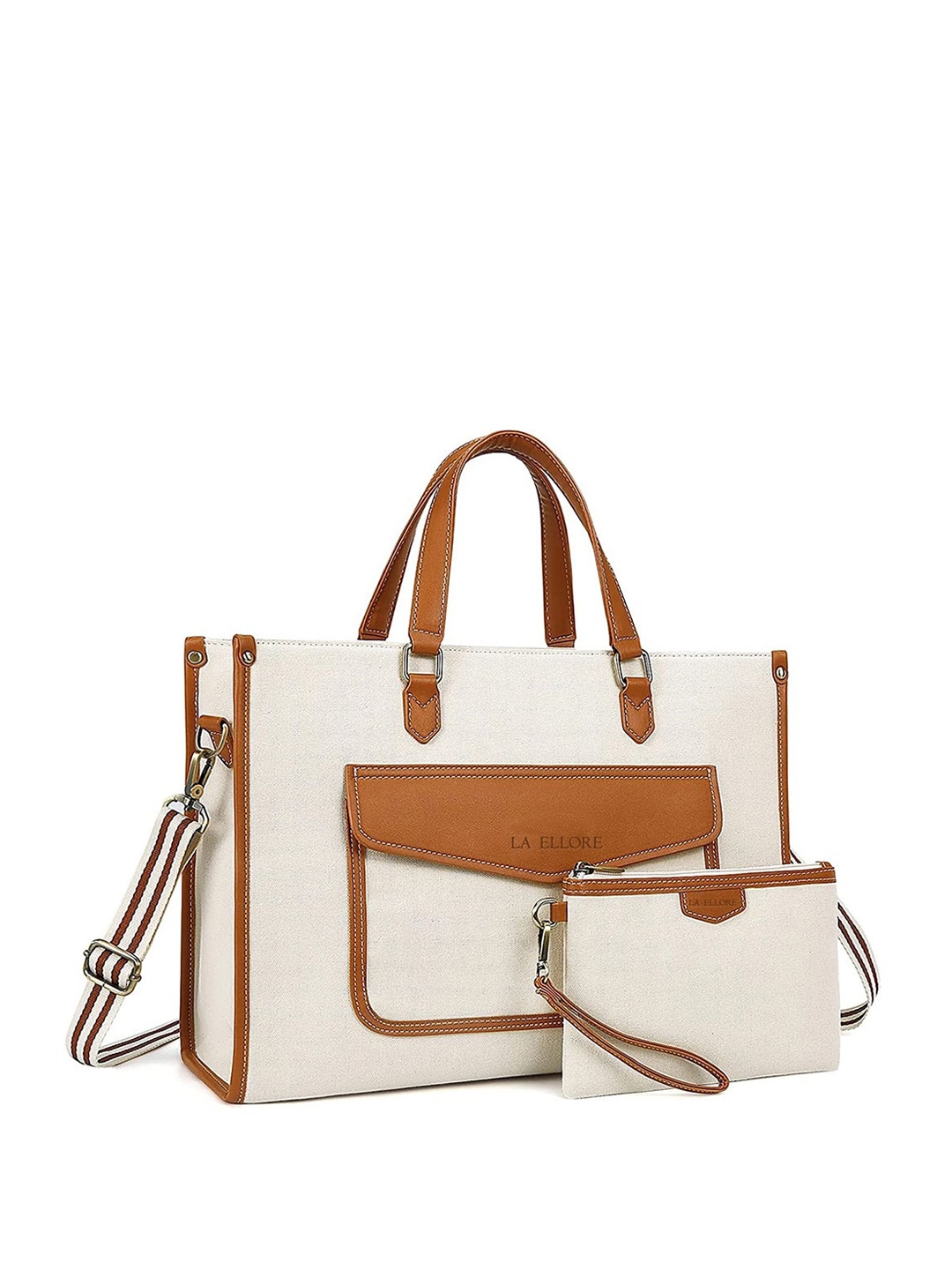 

LA ELLORE Structured Handheld Bag with Pouch, Off white