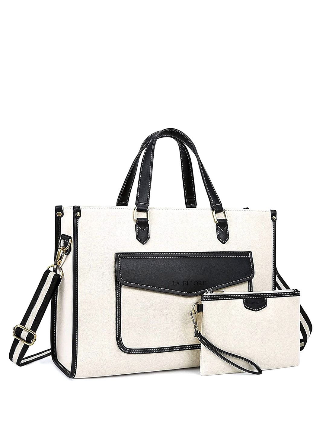 

LA ELLORE Colourblocked Leather Oversized Shopper Handheld Bag, Black