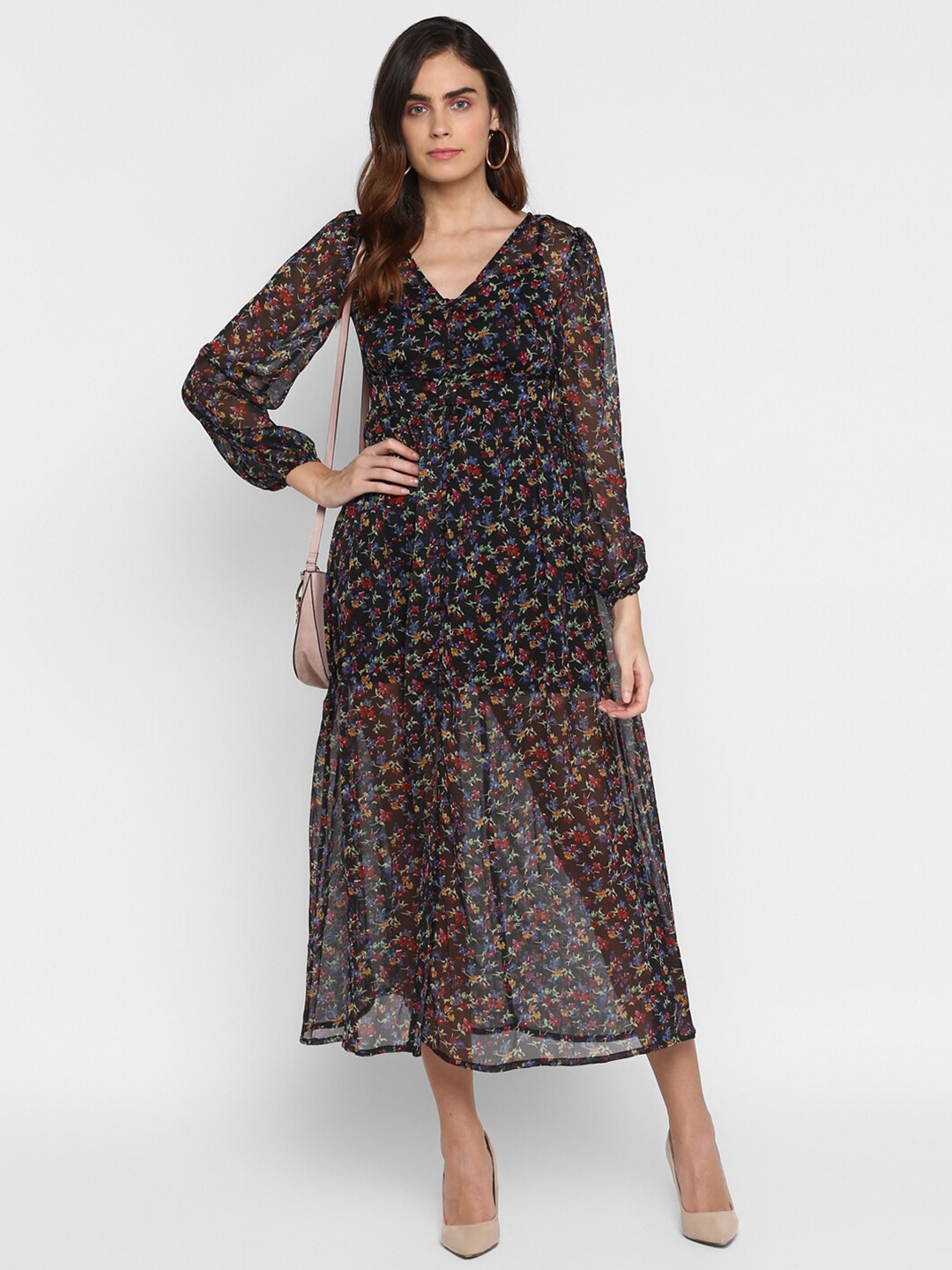 

HOUSE OF KKARMA Floral Print Puff Sleeve Chiffon Fit & Flare Midi Dress, Black
