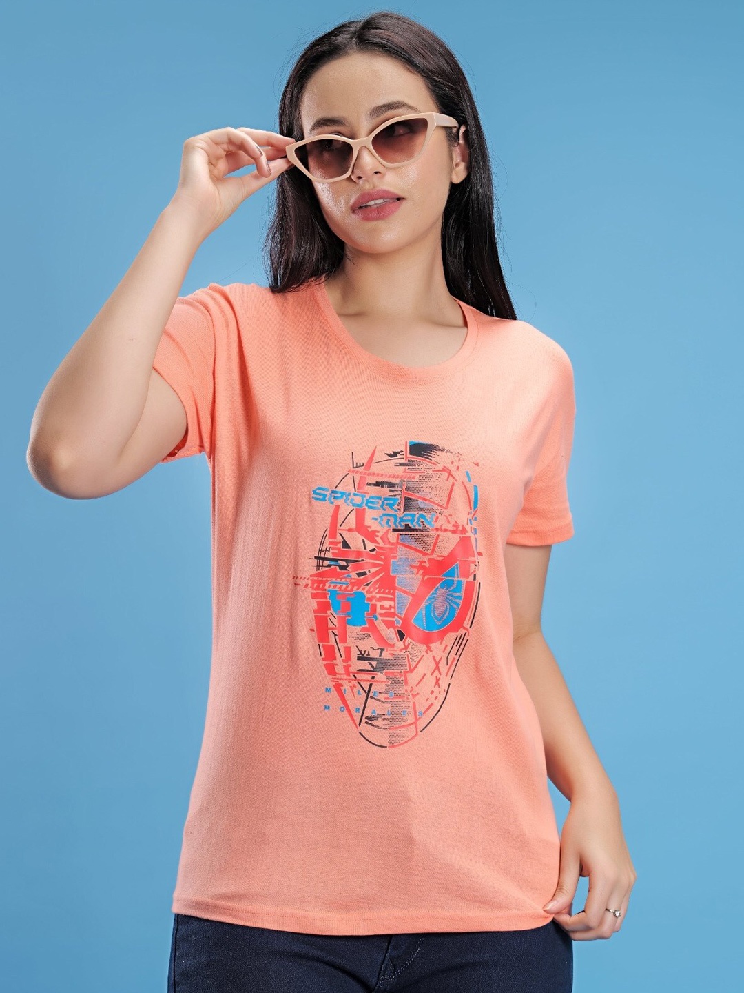 

STHULAS Printed Short Sleeves Round Neck Cotton T-shirt, Peach