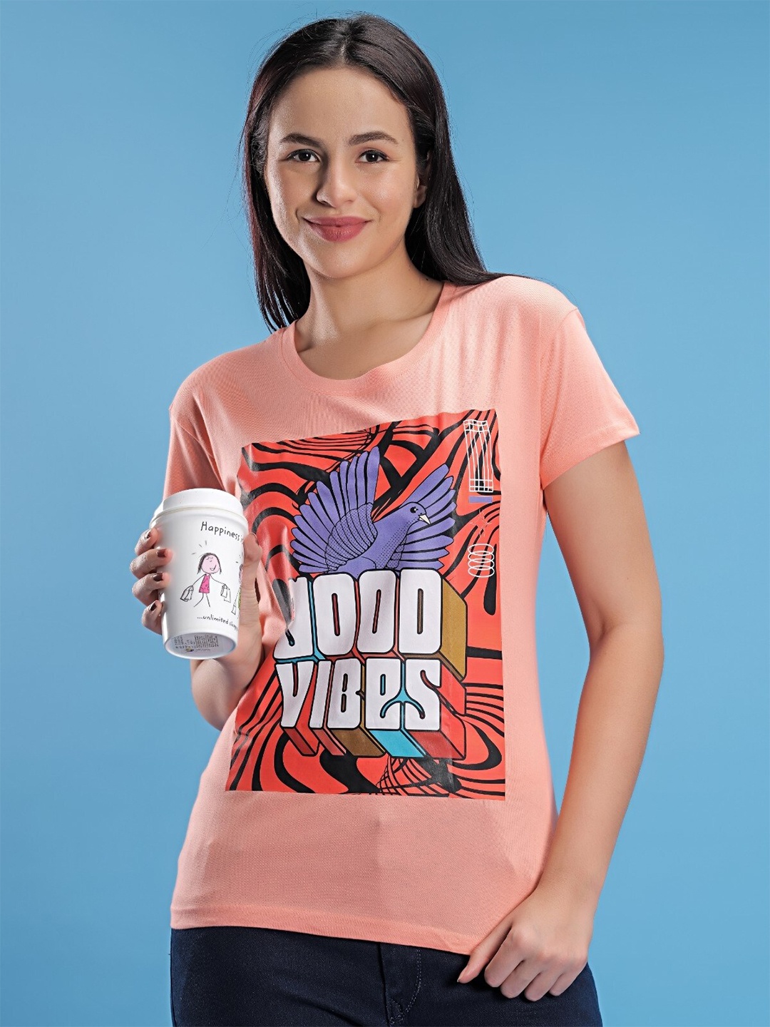 

STHULAS Printed Round Neck T-shirt, Peach