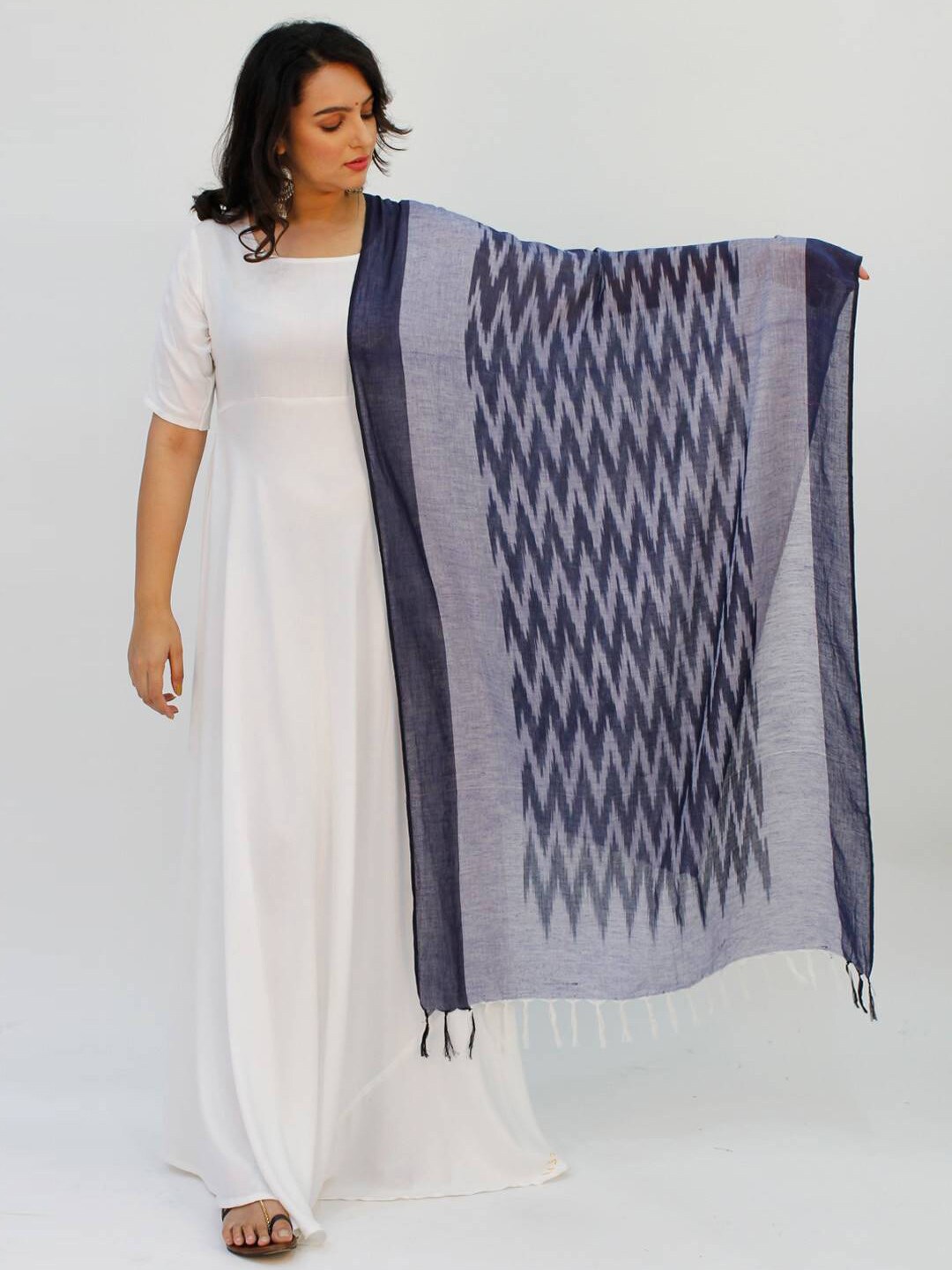 

LastInch Striped Ikat Cotton Dupatta, Navy blue