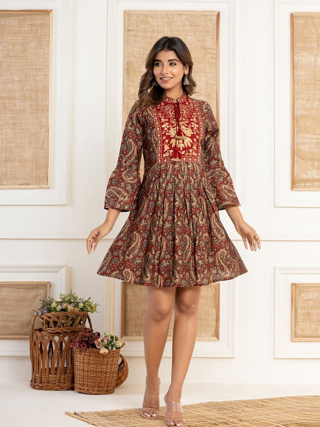 

FASHION DWAR Ethnic Motif Print Tie-Up Neck Long Sleeves Fit & Flare Short Dress, Maroon