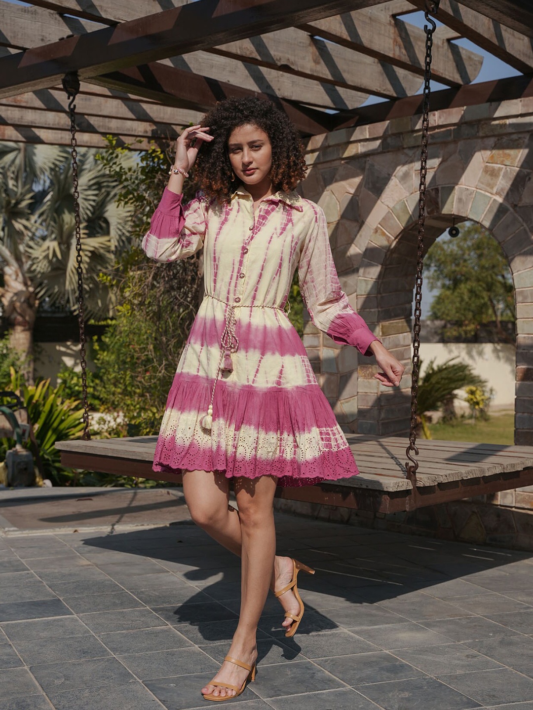 

FASHION DWAR Tie-Dye Printed Shirt Collar A-Line Short Dress, Yellow