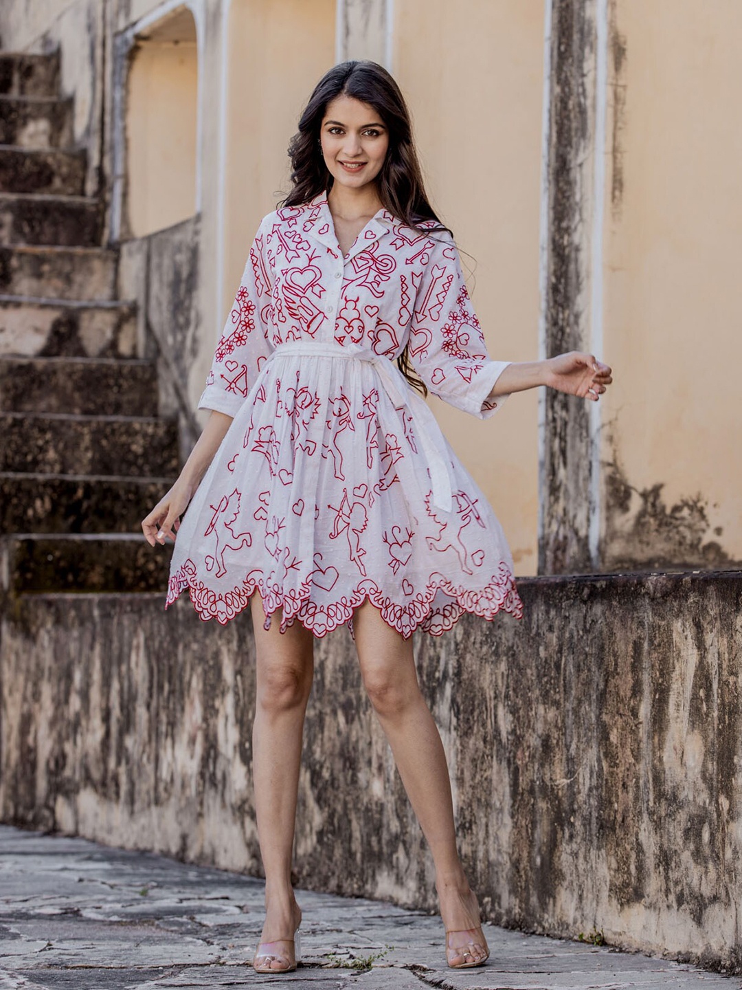 

FASHION DWAR Abstract Printed Embroidered Fit & Flare Dress, White