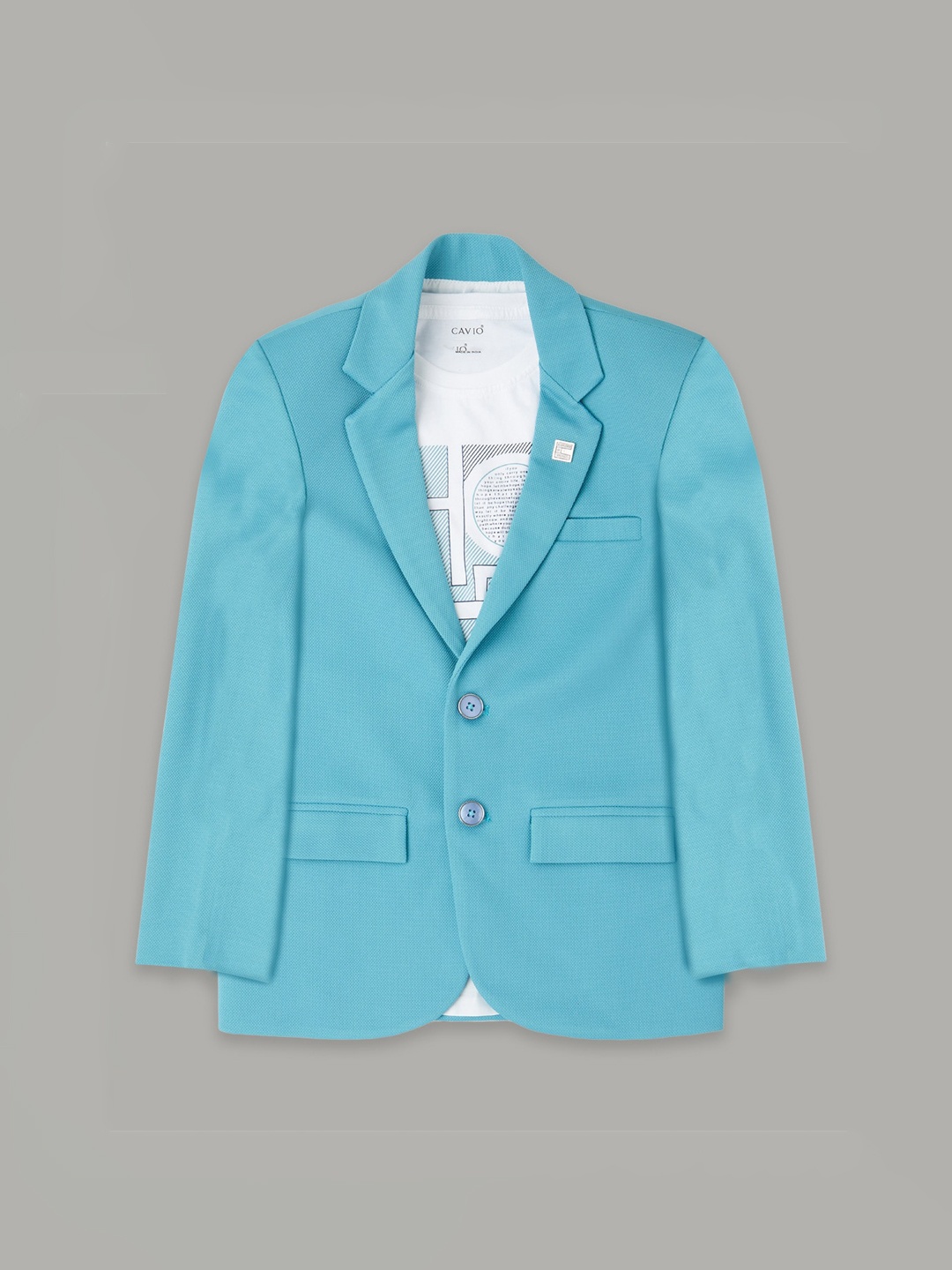 

CAVIO Boys Pure Cotton Notched Lapel Collar Single-Breasted Blazer With T-Shirt, Turquoise blue