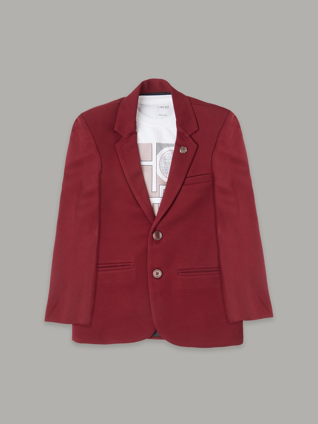 

CAVIO Boys Pure Cotton Notched Lapel Collar Single Breasted Blazer With T-Shirt, Maroon