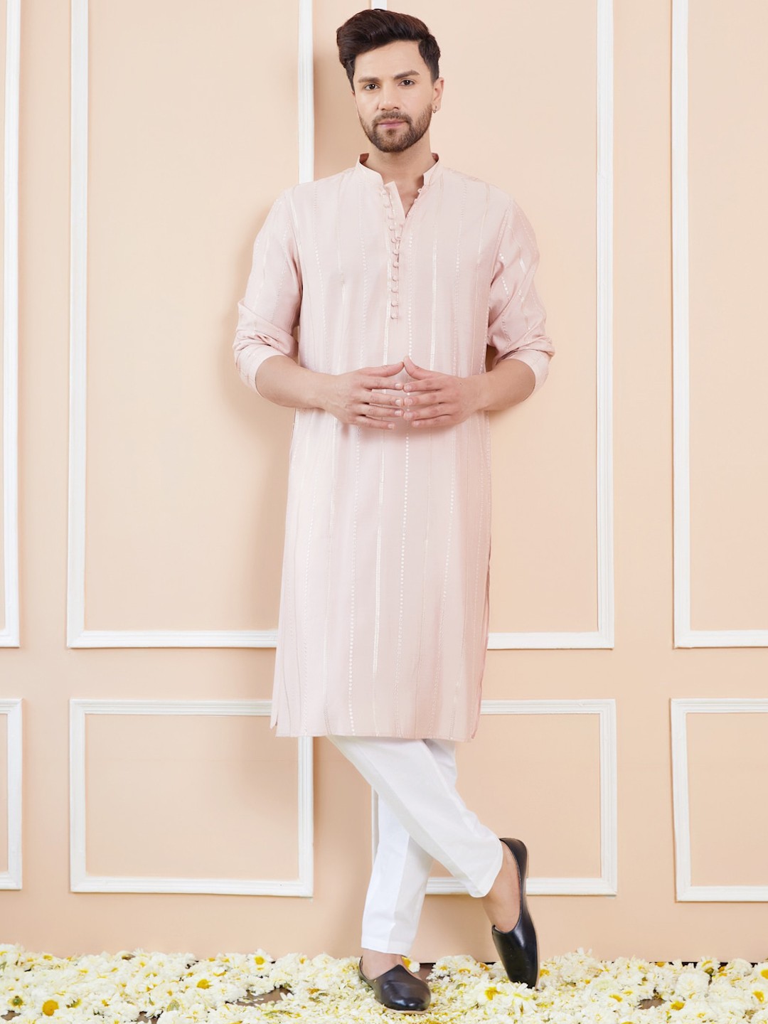 

See Designs Striped Embroidered Mandarin Collar Sequins Chanderi Silk Straight Kurta, Pink