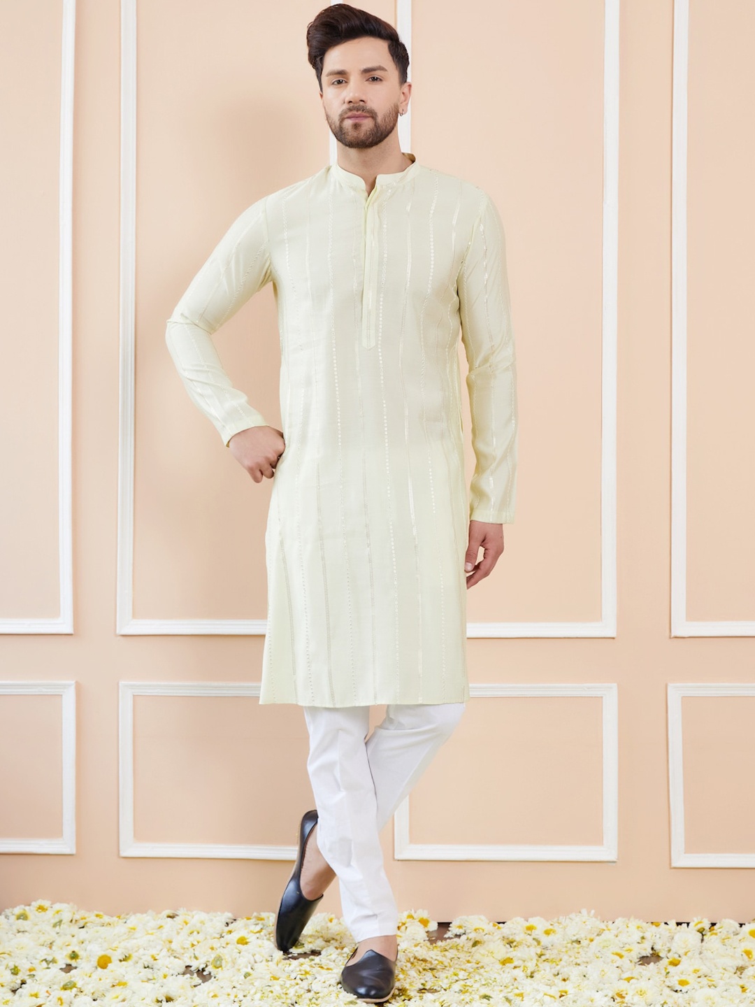 

See Designs Mandarin Collar Striped Thread Work Chanderi Silk Straight Kurta, Cream
