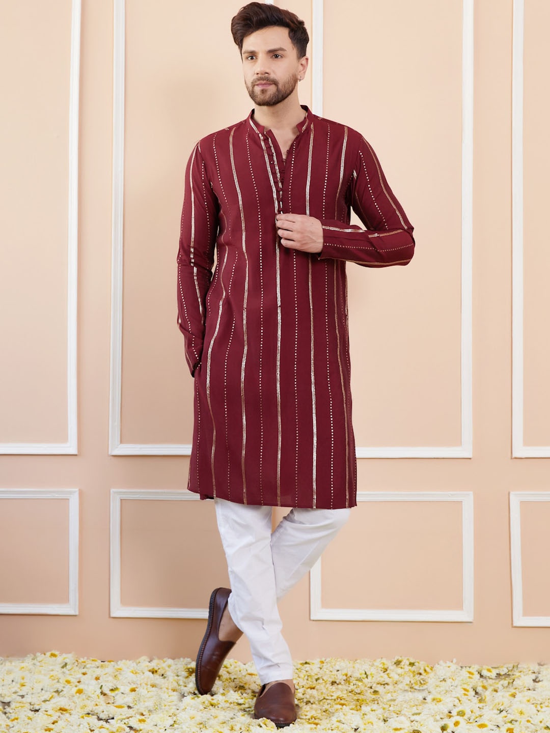 

See Designs Mandarin Collar Striped Thread Work Chanderi Silk Straight Kurta, Burgundy