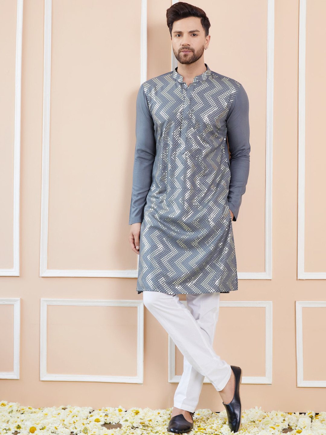 

See Designs Mandarin Collar Geometric Printed Sequins Work Straight Kurta, Grey