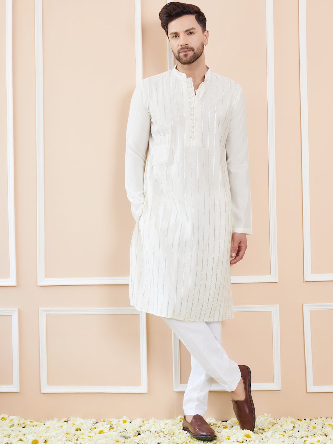 

See Designs Mandarin Collar Striped Thread Work Chanderi Silk Straight Kurta, Off white