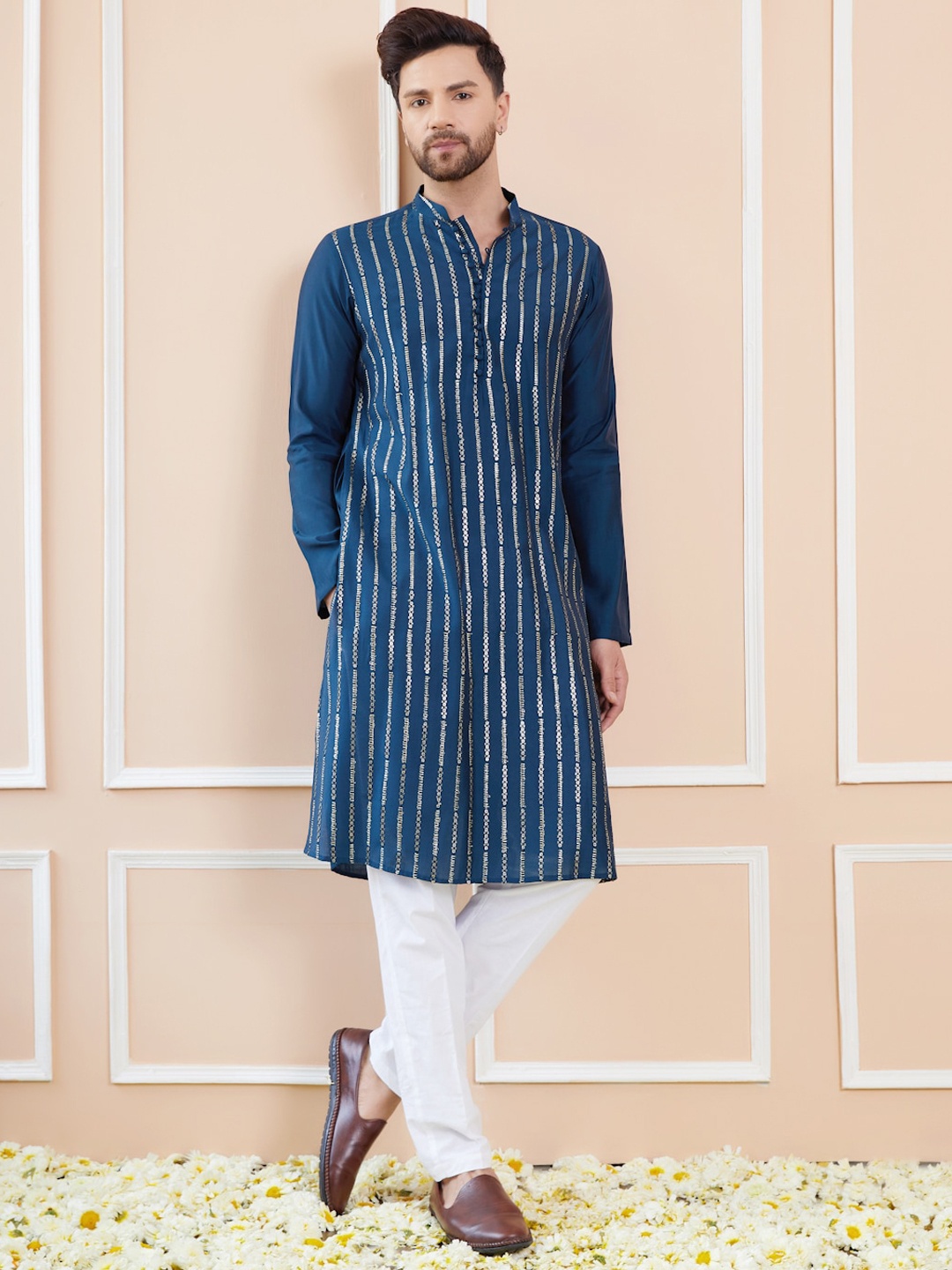 

See Designs Striped Mandarin Collar Chanderi Silk A-Line Kurta, Teal