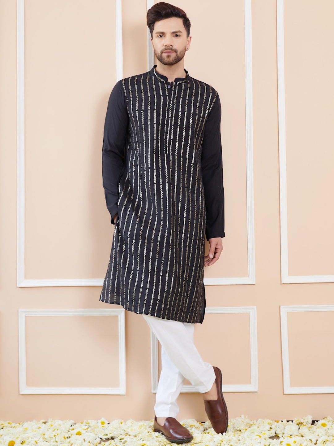 

See Designs Striped Mandarin Collar Sequins Chanderi Silk A-Line Kurta, Black