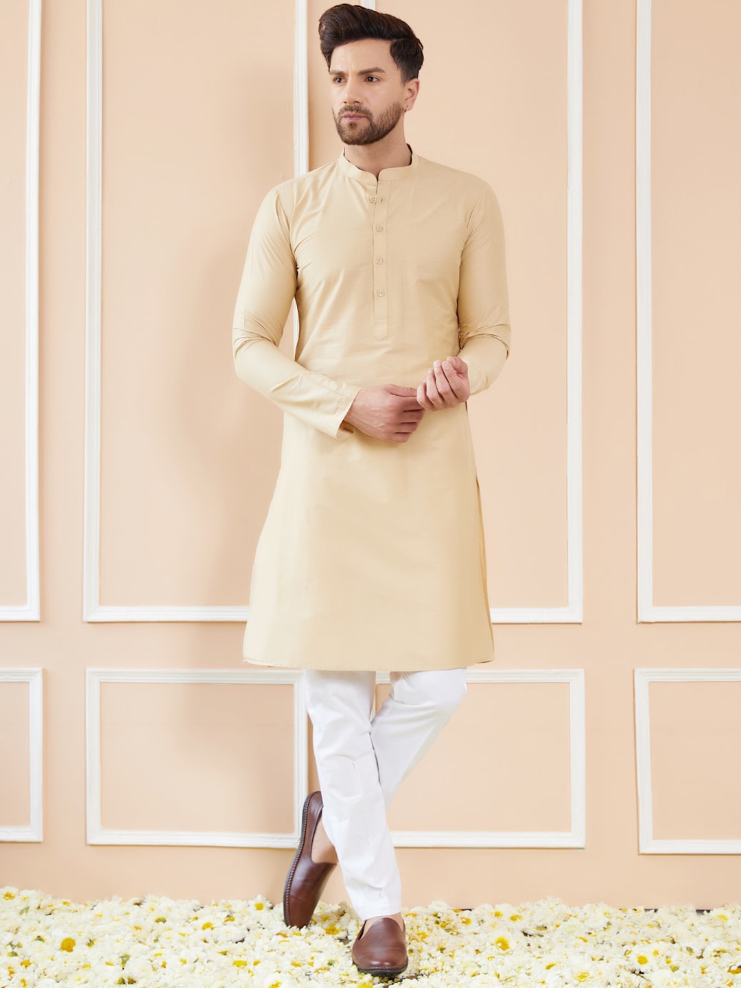 

See Designs Mandarin Collar Cotton A-Line Kurta, Cream