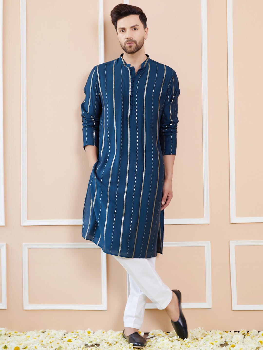 

See Designs Striped Straight Sequinned Chanderi Silk Kurta with Pyjamas, Teal
