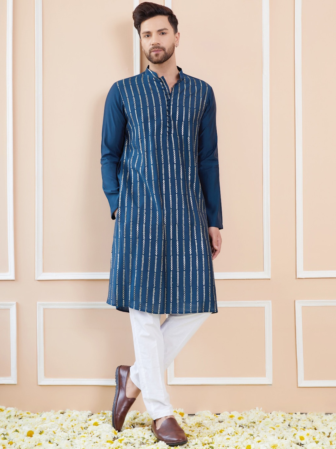 

See Designs Striped Embroidered Sequinned Chanderi Silk Straight Kurta With Pyjamas, Teal
