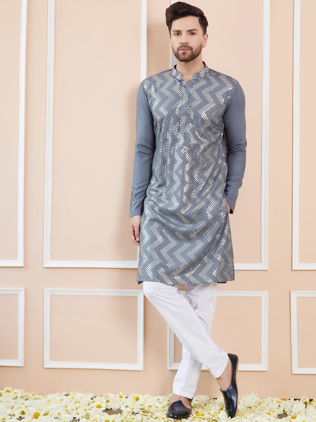 

See Designs Chevron Embroidered Sequinned Straight Kurta with Pyjamas, Grey