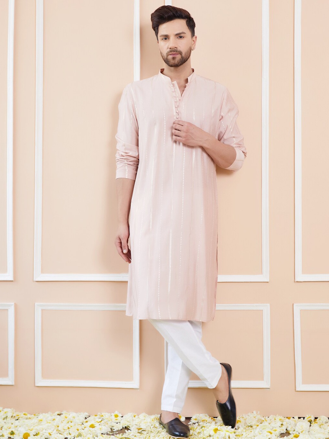 

See Designs Striped Embroidered Thread Work Chanderi Silk Straight Kurta With Pyjamas, Pink