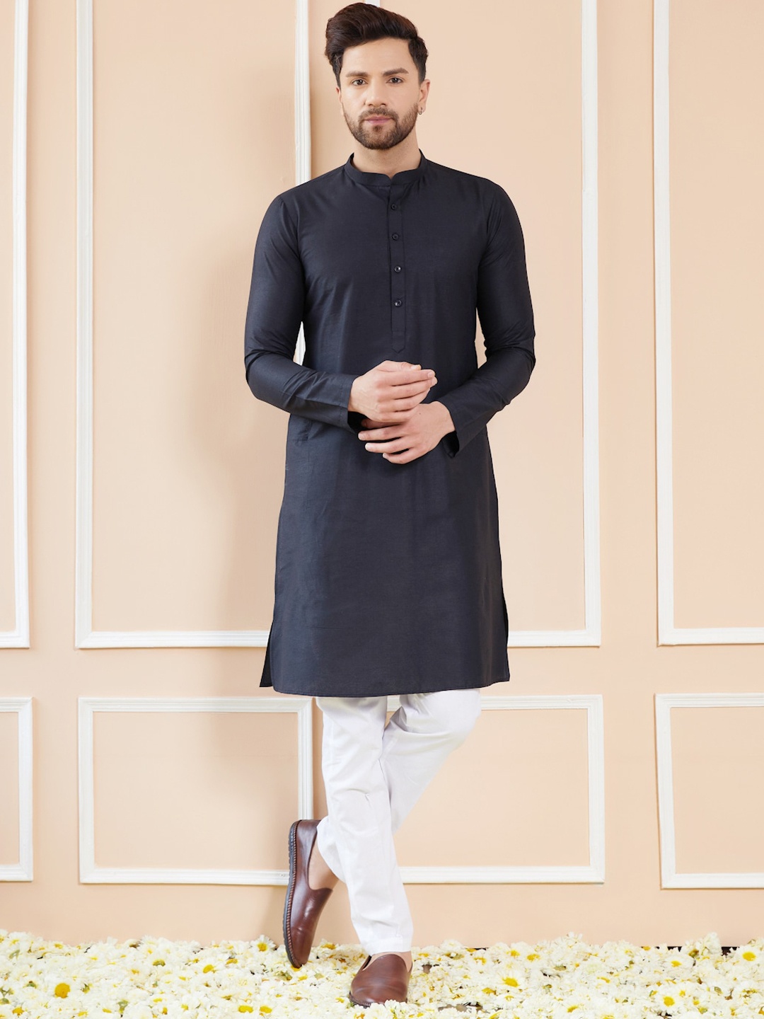 

See Designs Regular Long Sleeves Mandarin Collar Pure Cotton Kurta with Pyjamas, Black