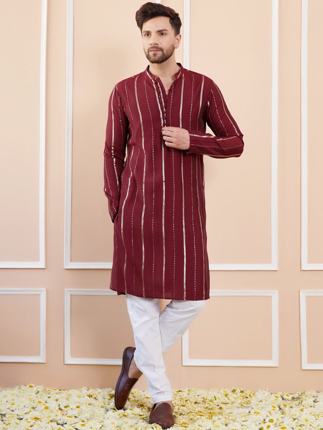 

See Designs Geometric Embroidered Sequinned Chanderi Silk Straight Kurta with Pyjamas, Burgundy
