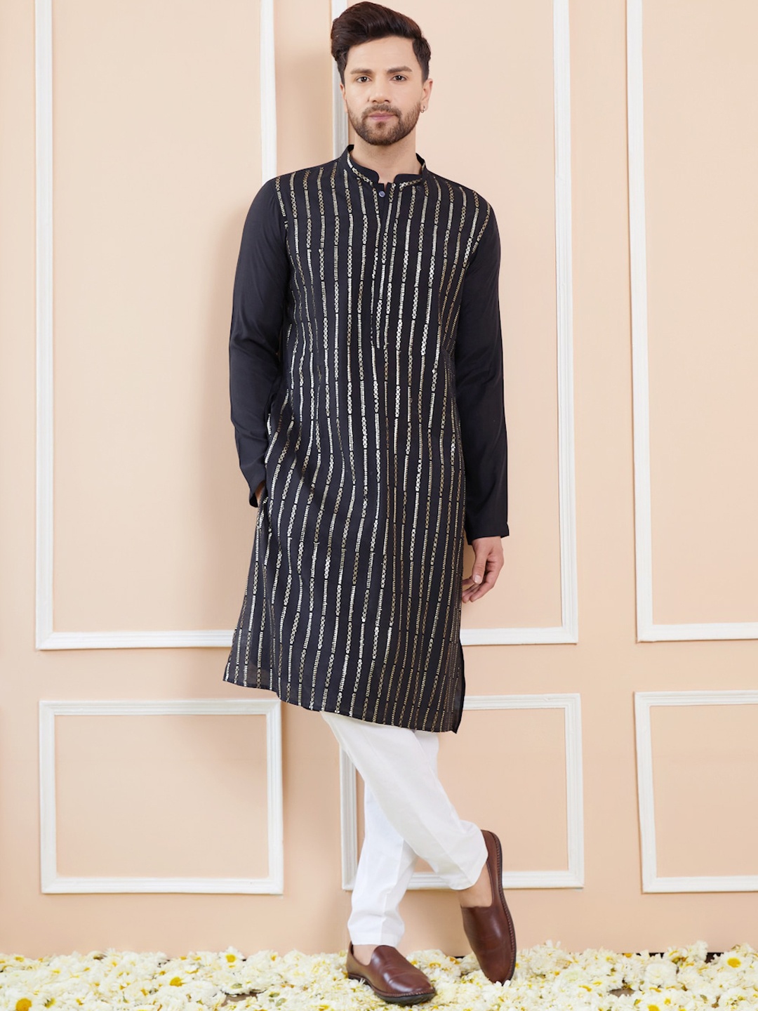 

See Designs Striped Embroidered Sequinned Chanderi Silk Straight Kurta With Pyjamas, Black