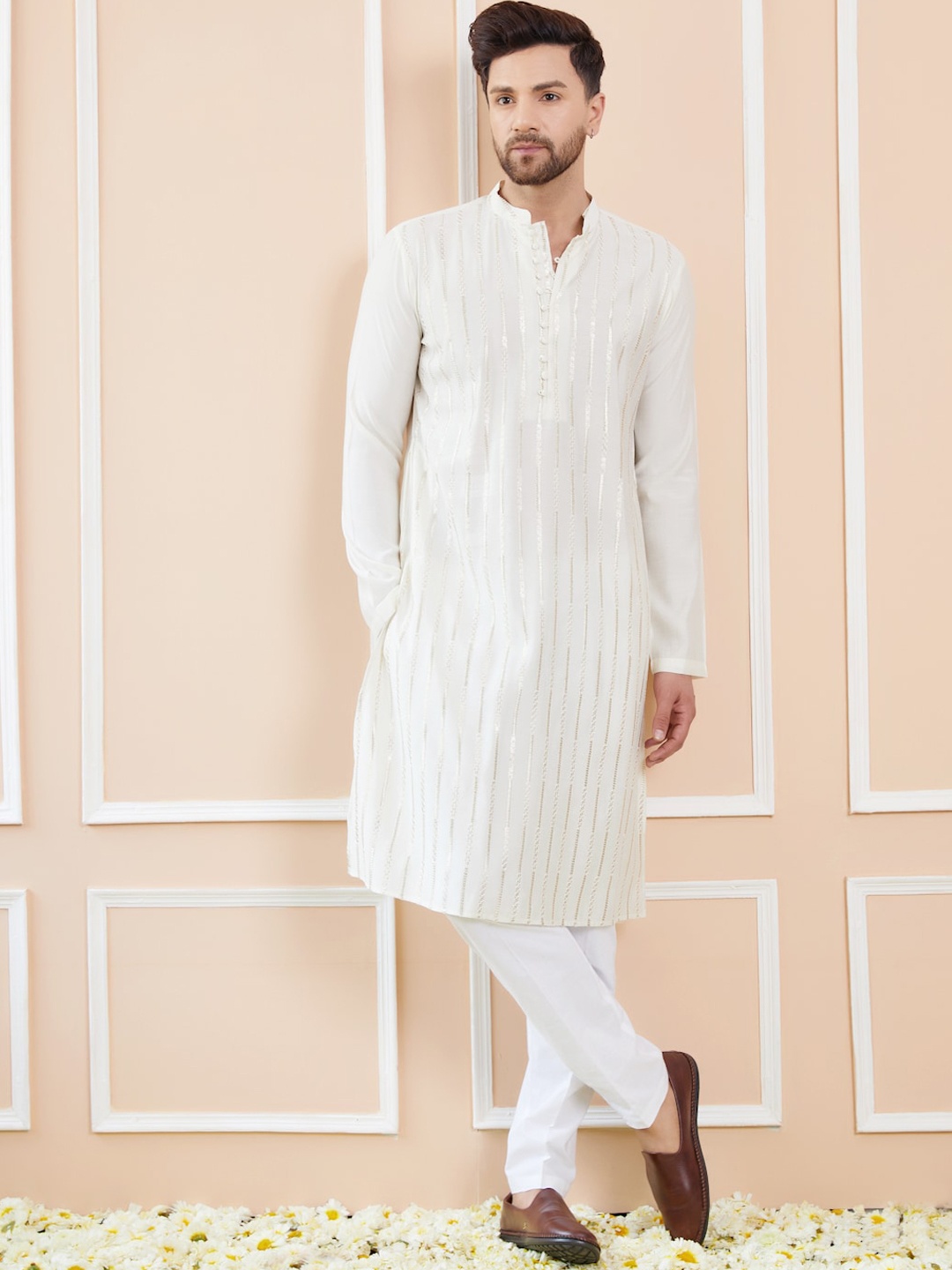 

See Designs Striped Embroidered Thread Work Chanderi Silk Straight Kurta With Pyjamas, Off white