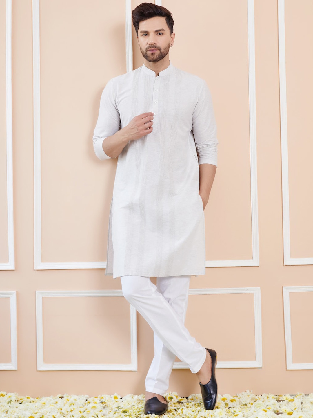 

See Designs Striped Mandarin Collar Dupion Silk Straight Kurta With Pyjamas, Off white