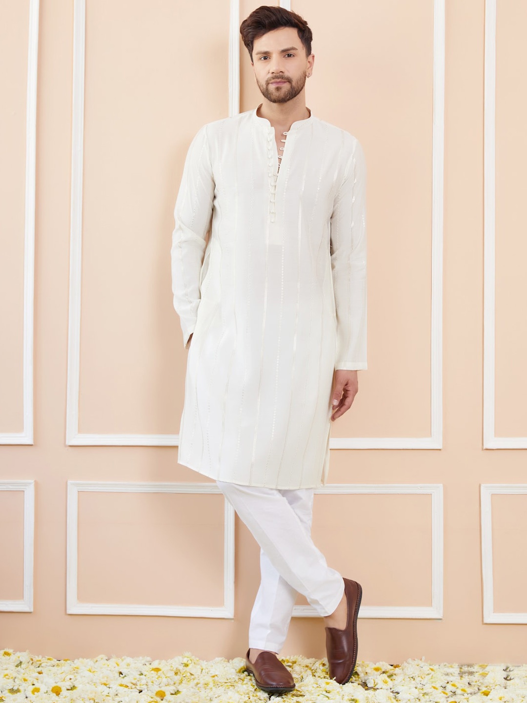 

See Designs Striped Embroidered Thread Work Chanderi Silk Straight Kurta With Pyjamas, Off white