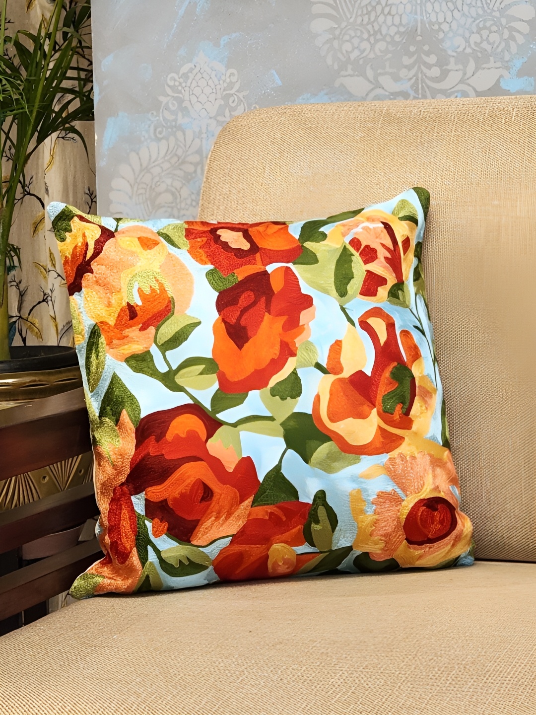 

DESIGN GAATHA Rust & Green Floral Square Cushion Cover