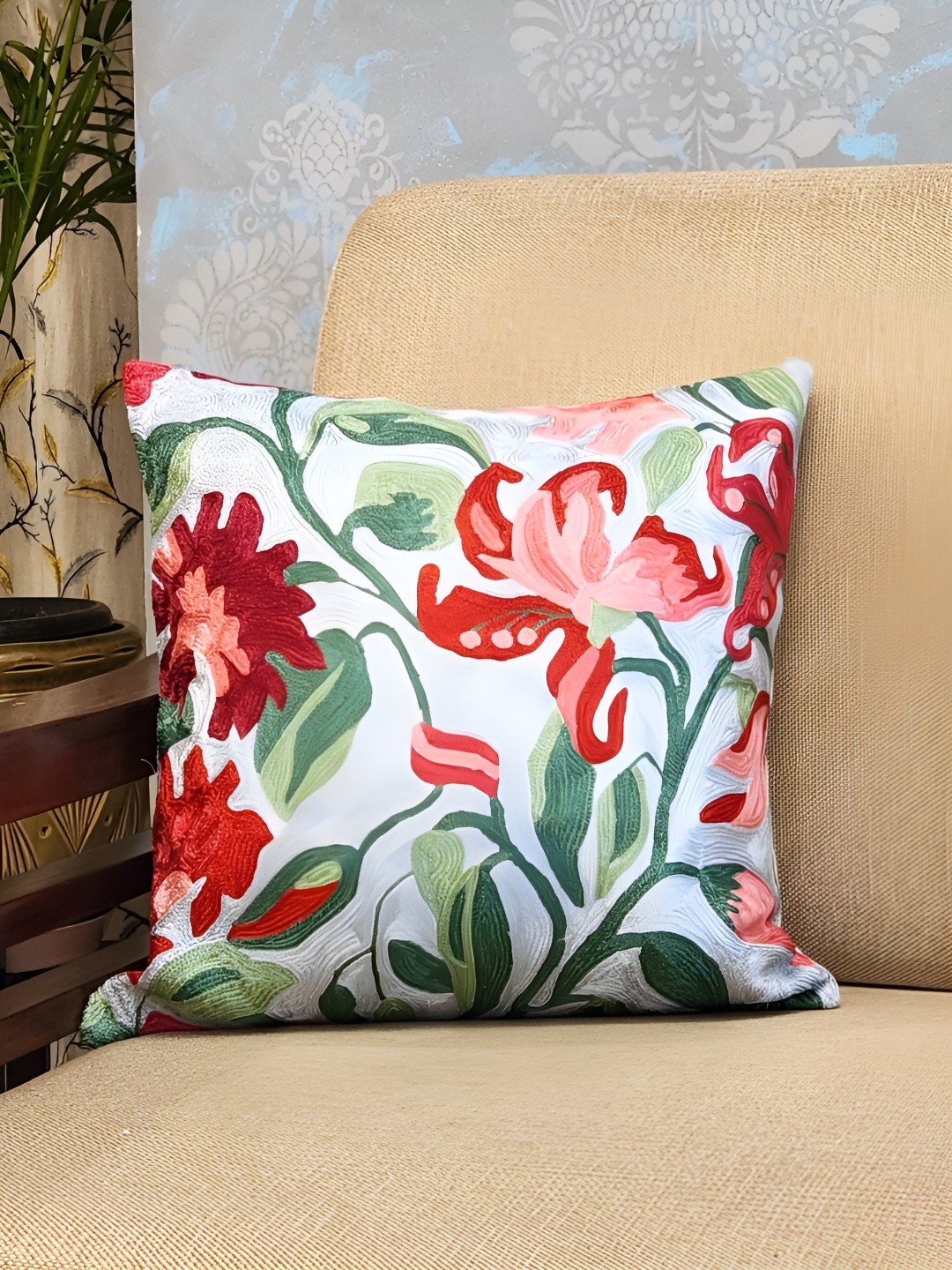 

DESIGN GAATHA White & Green Embroidered Cotton Square Cushion Cover