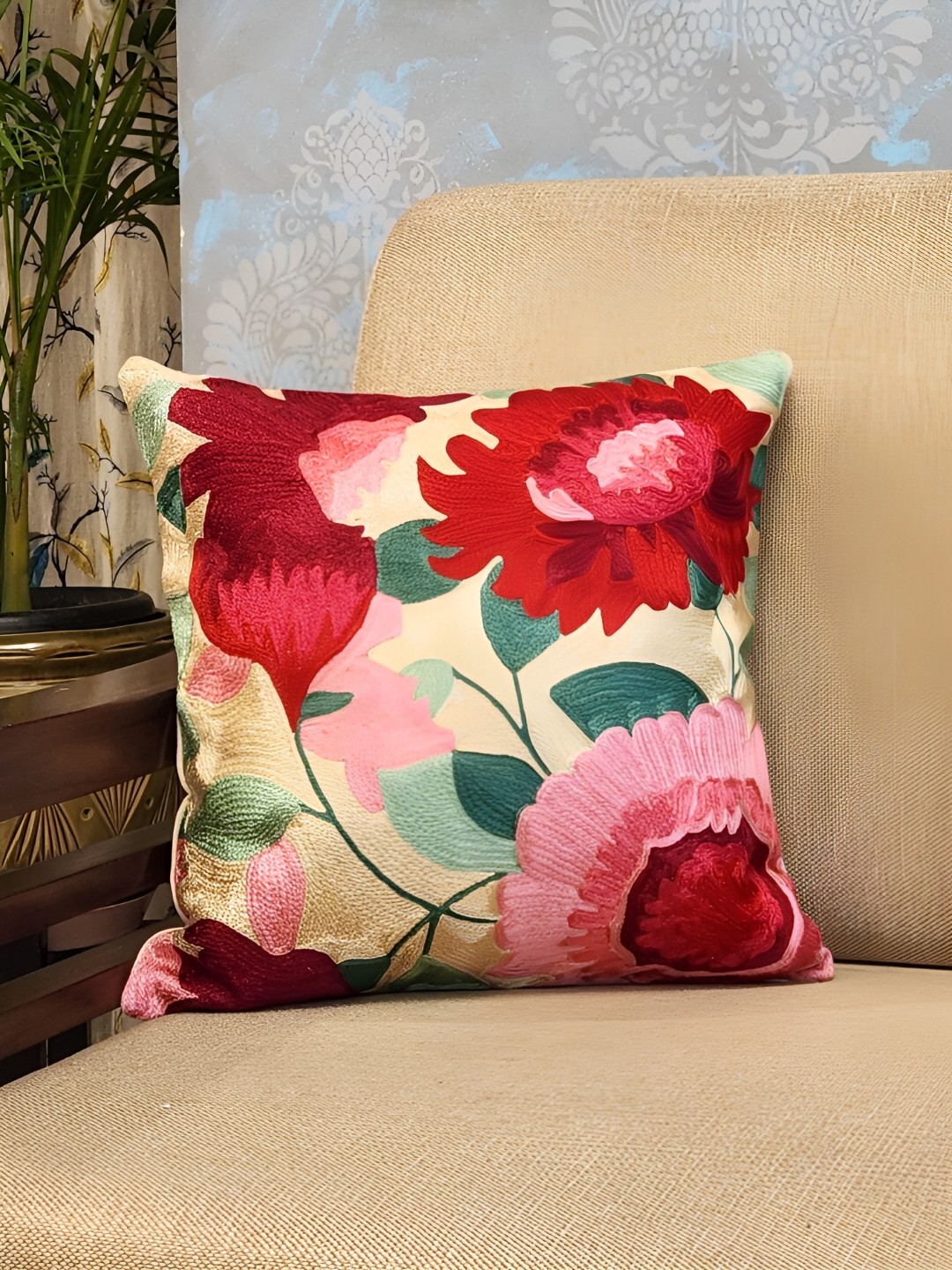 

DESIGN GAATHA Red & Yellow Floral Cotton Square Cushion Cover