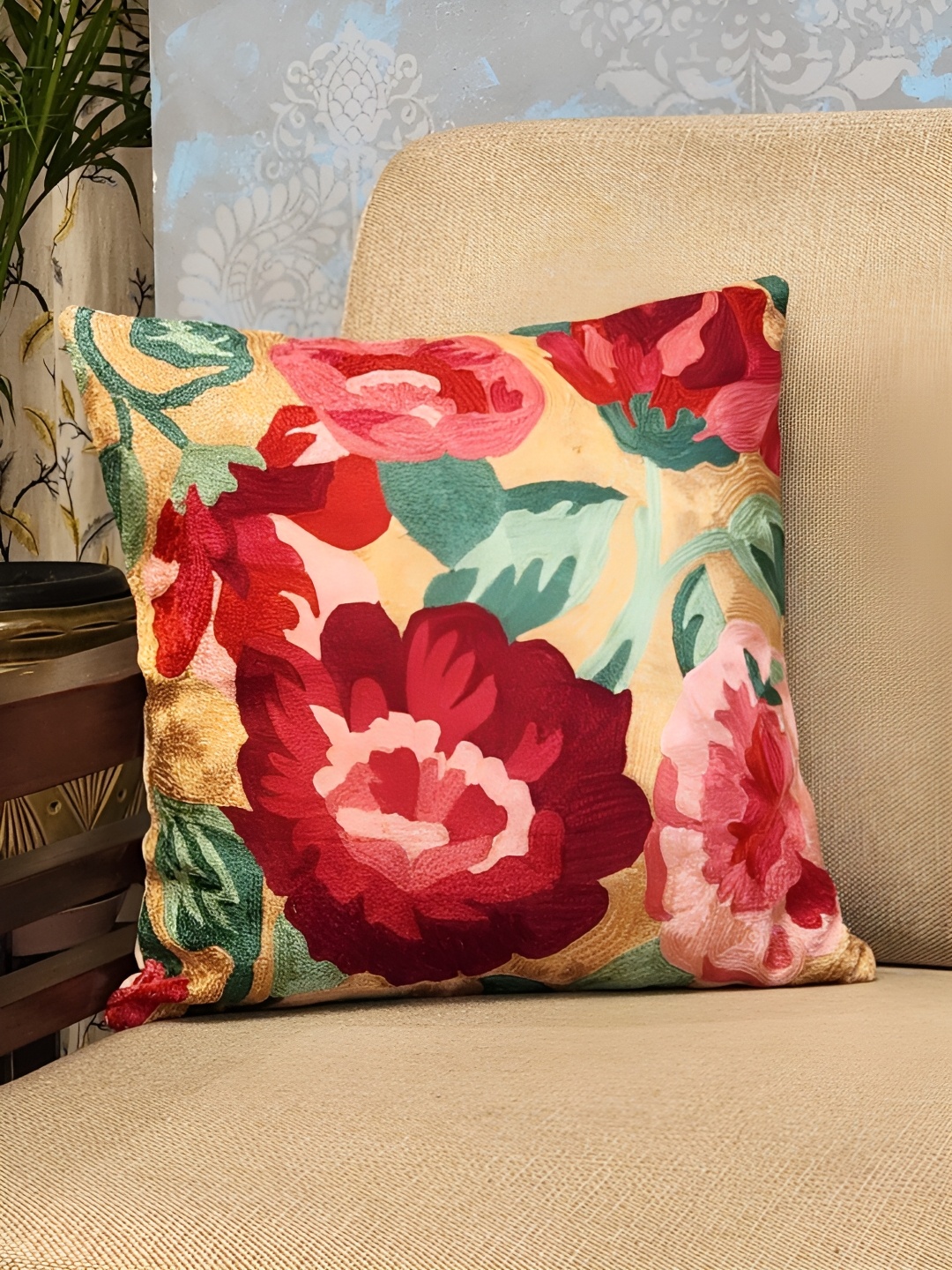 

DESIGN GAATHA Yellow & Maroon Floral Cotton Square Cushion Cover