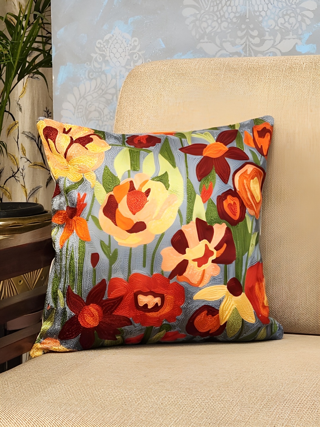 

DESIGN GAATHA Grey & Yellow Embroidered Cotton Square Cushion Cover