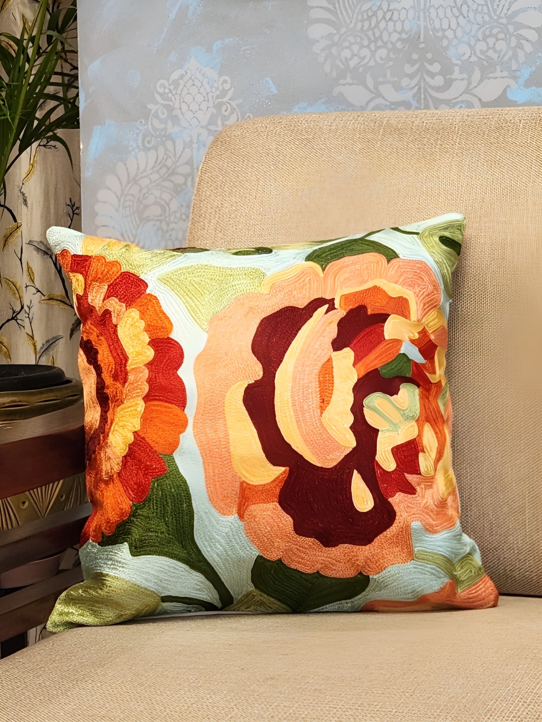 

DESIGN GAATHA White & Orange Embroidered Cotton Square Cushion Cover