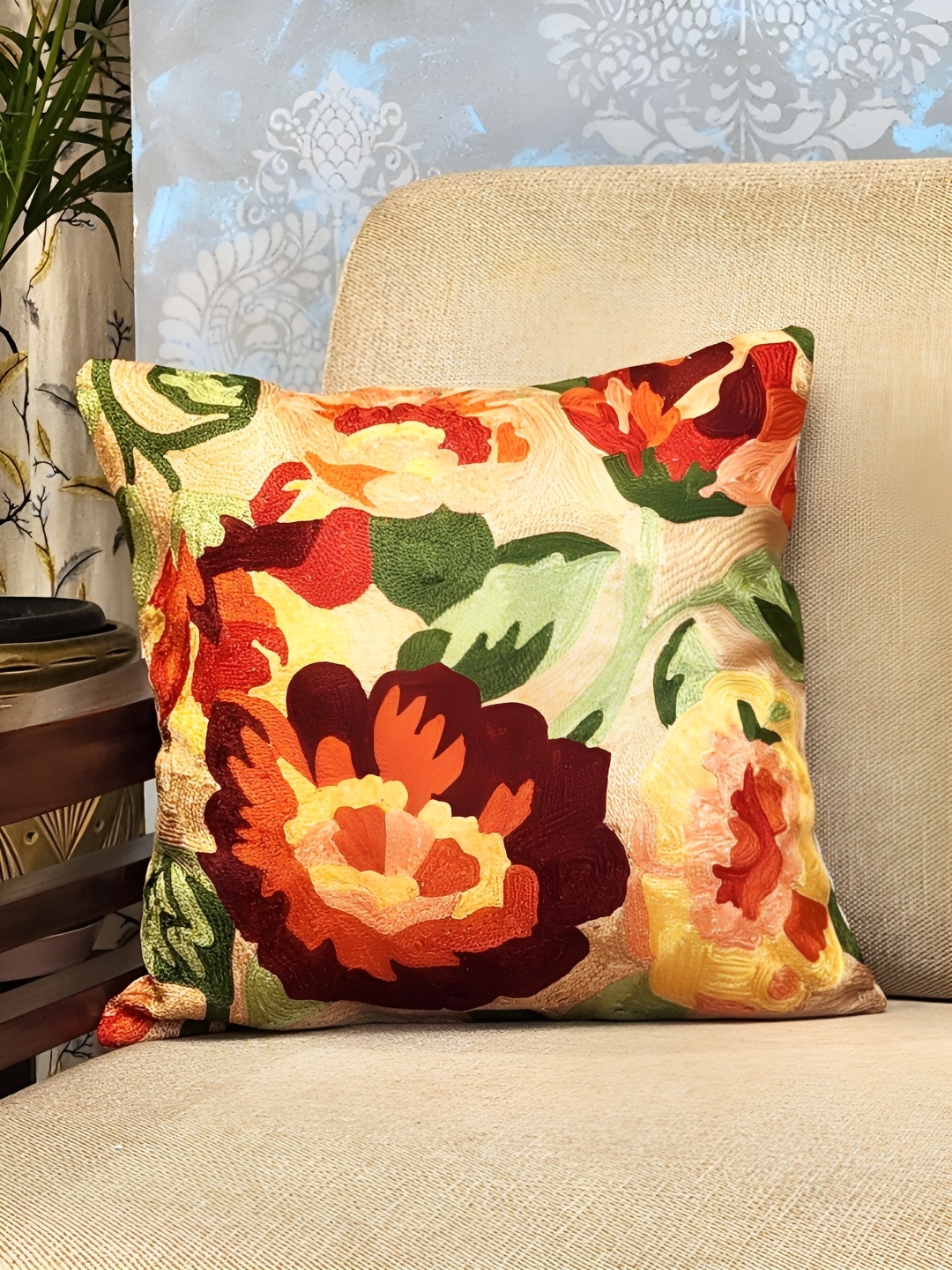 

DESIGN GAATHA Yellow & Brown Embroidered Cotton Square Cushion Cover