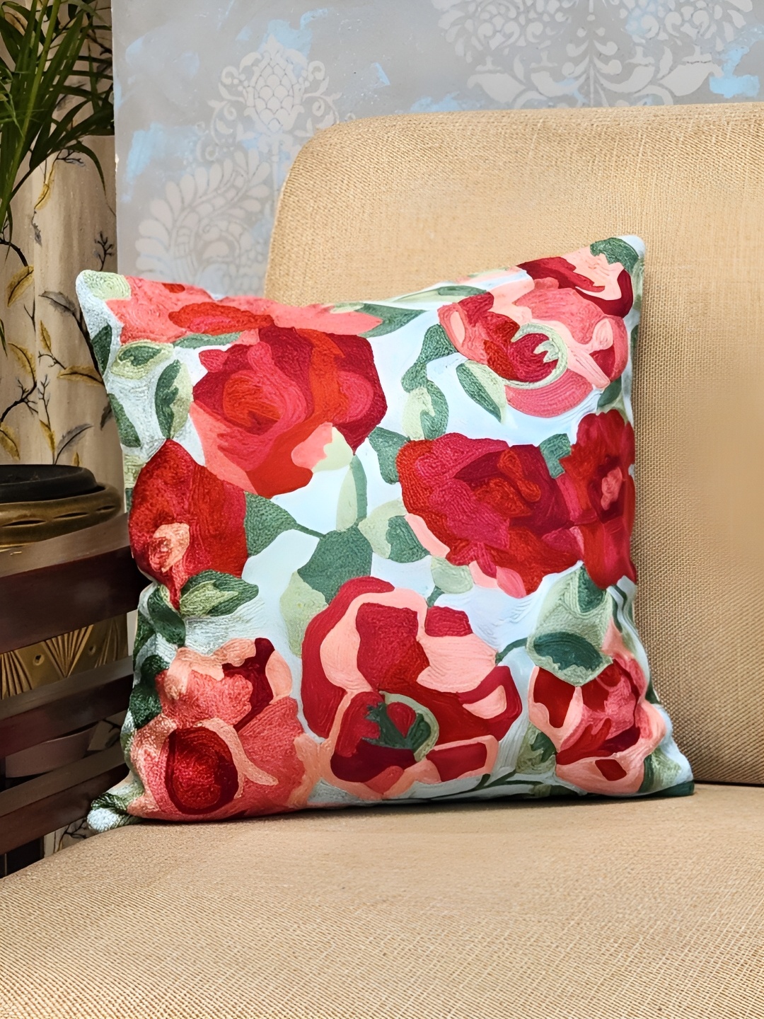 

DESIGN GAATHA White & Red Embroidered Cotton Square Cushion Cover