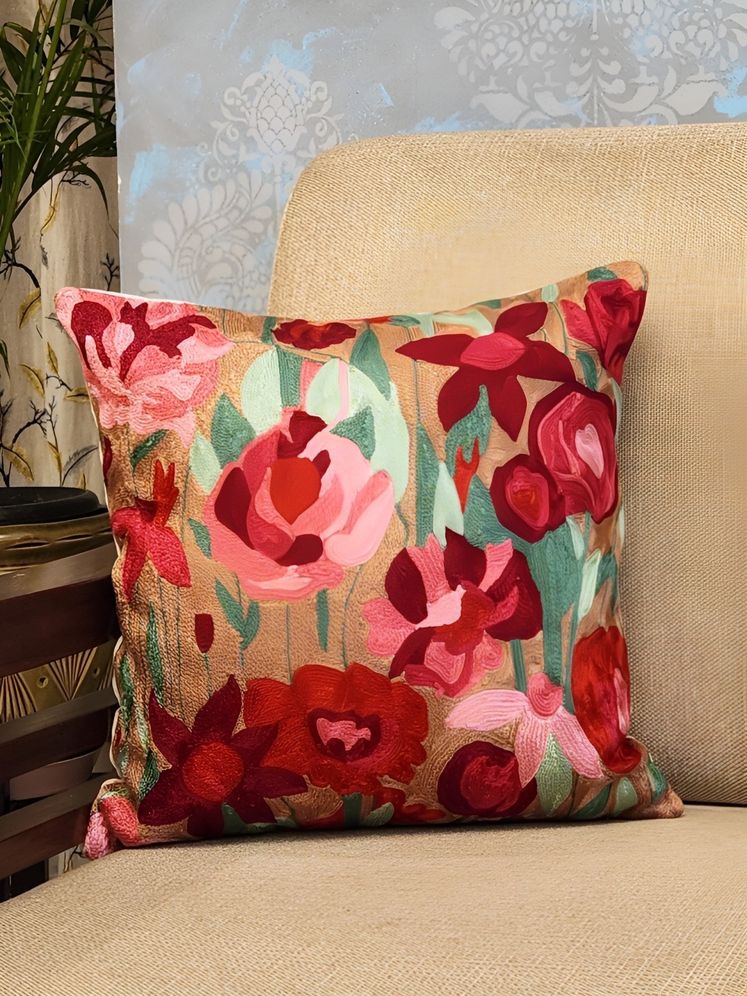 

DESIGN GAATHA Peach & Red Embroidered Cotton Square Cushion Cover