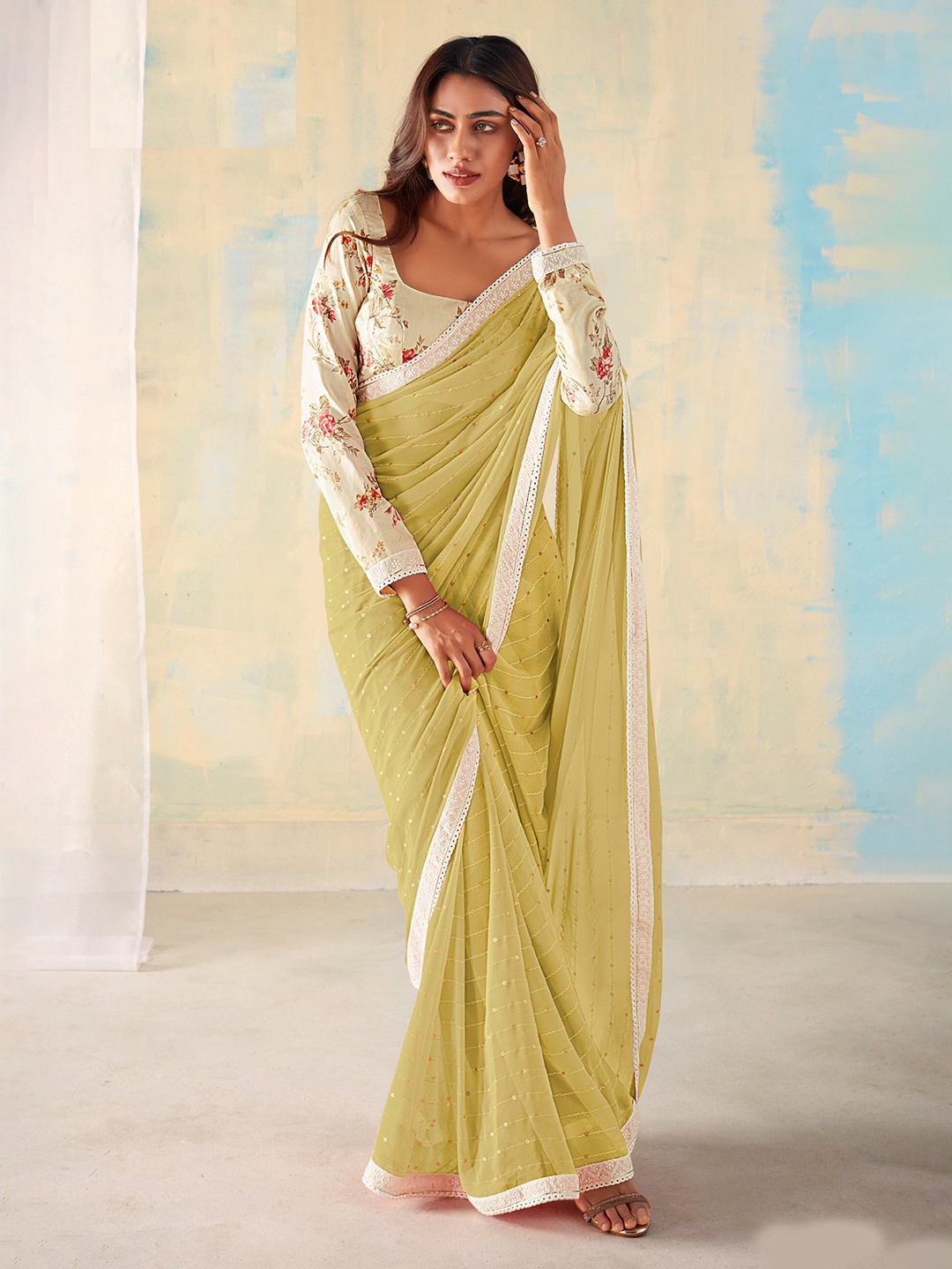 

Mitera Striped Embellished Sequinned Saree, Olive