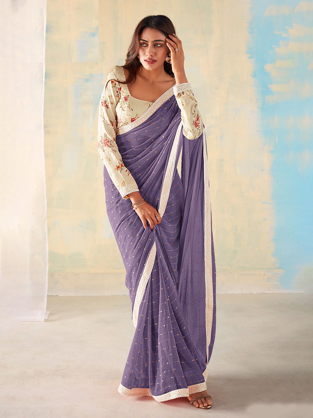 

Mitera Embellished Embroidered Saree, Lavender