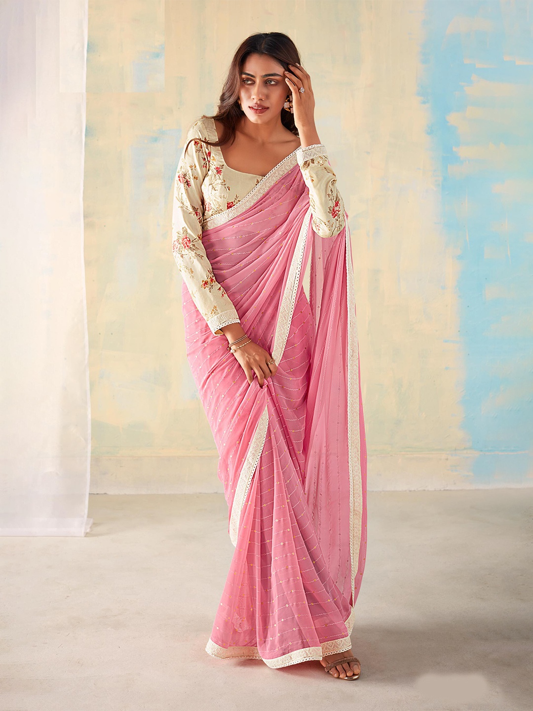 

Mitera Striped Sequinned Saree, Pink