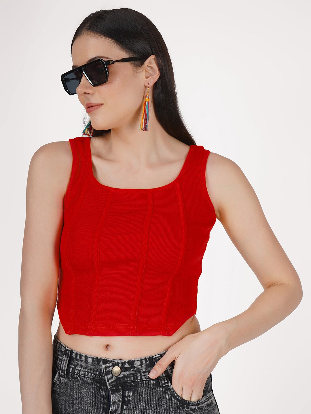 

angloindu Cotton Round Neck Sleeveless Casual Crop Top, Red