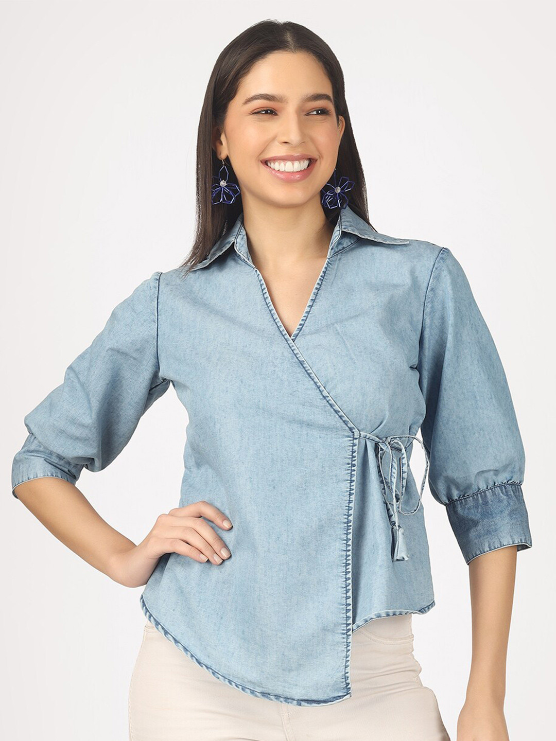 

angloindu Cotton Denim Shirt Collar Wrap Top, Blue