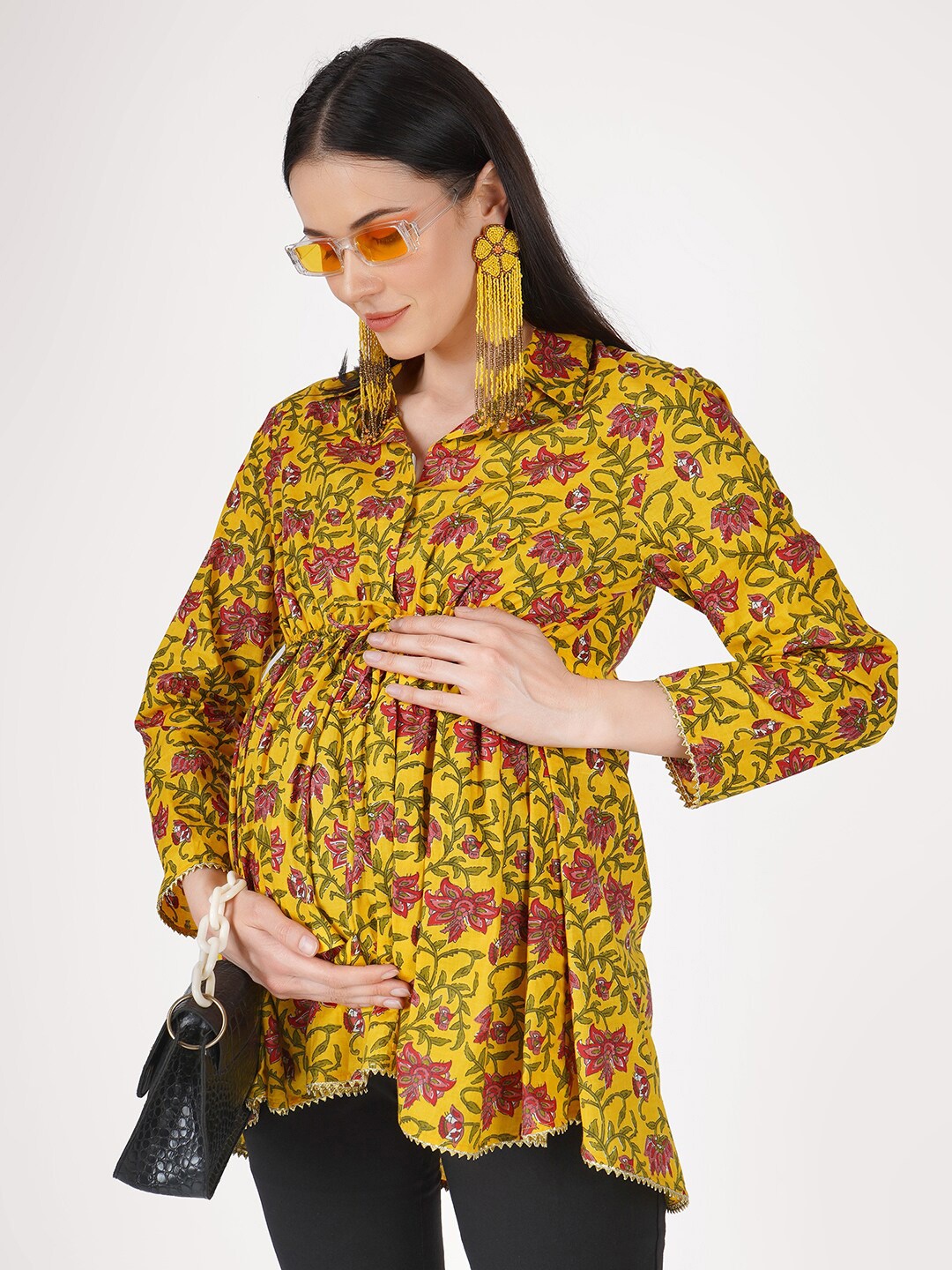

angloindu Floral Printed Cotton Shirt Collar Maternity Top, Yellow