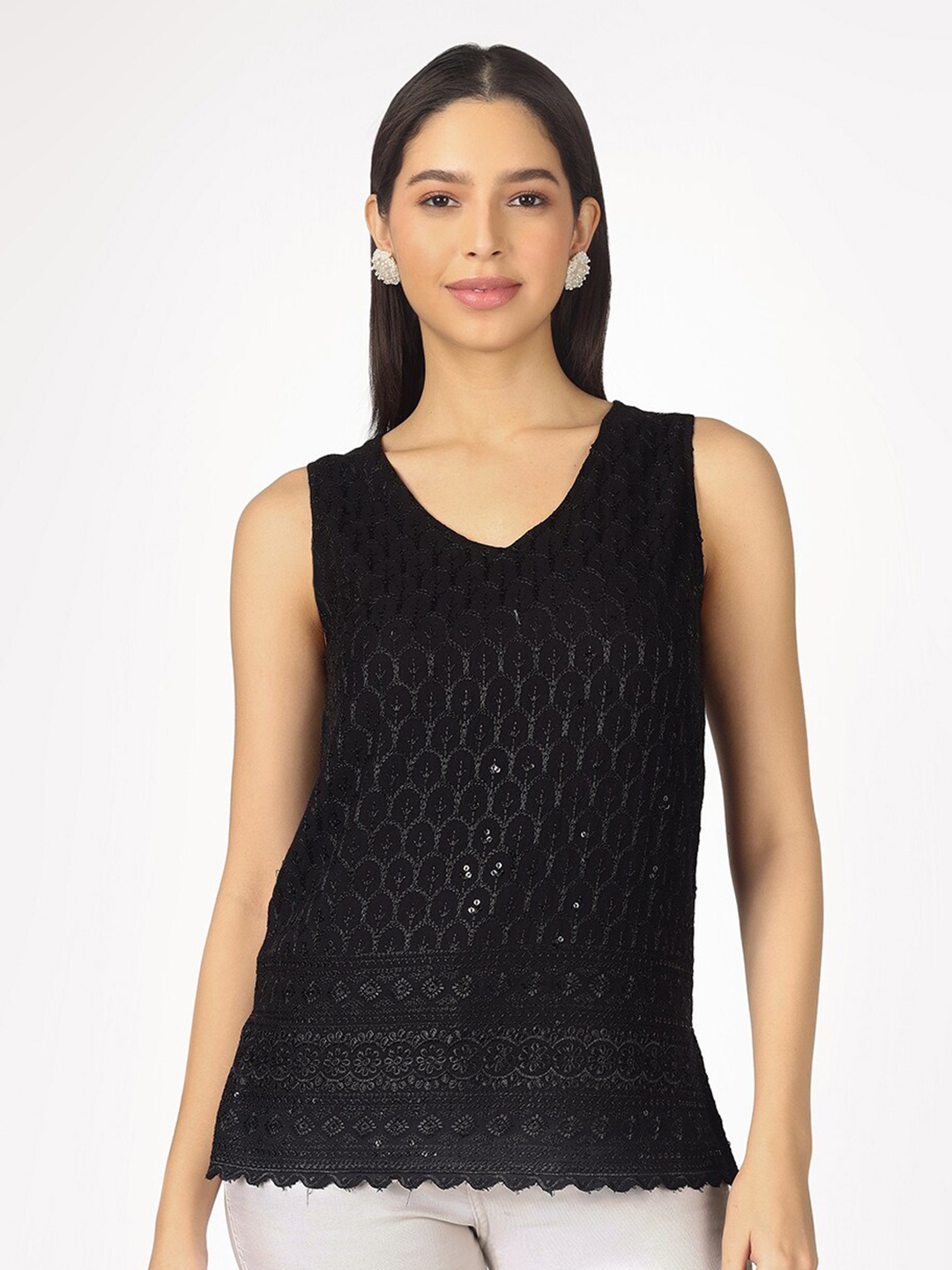 

angloindu V-Neck Embellished Sleeveless Cotton Top, Black