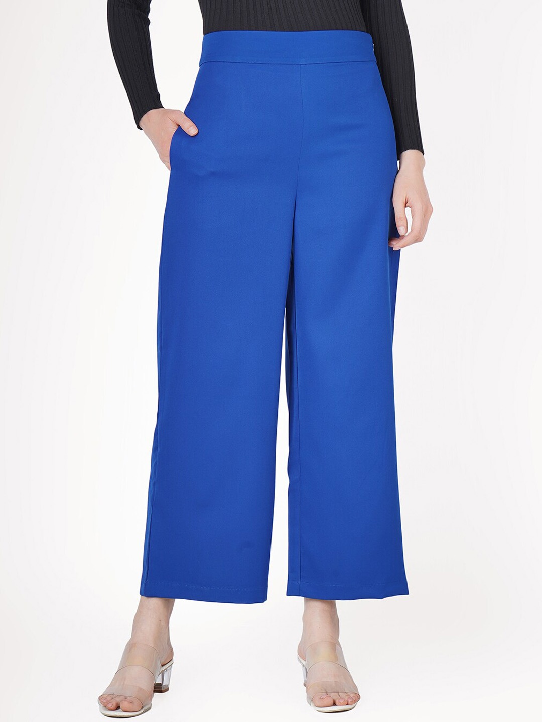 

angloindu Women Smart Mid-Rise Easy Wash Regular Fit Parallel Trousers, Blue