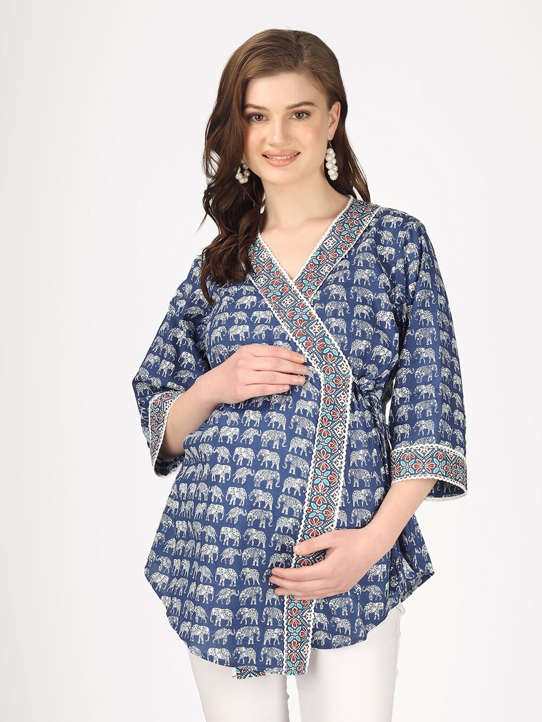 

angloindu Floral Printed V-Neck Cotton Maternity Top, Blue