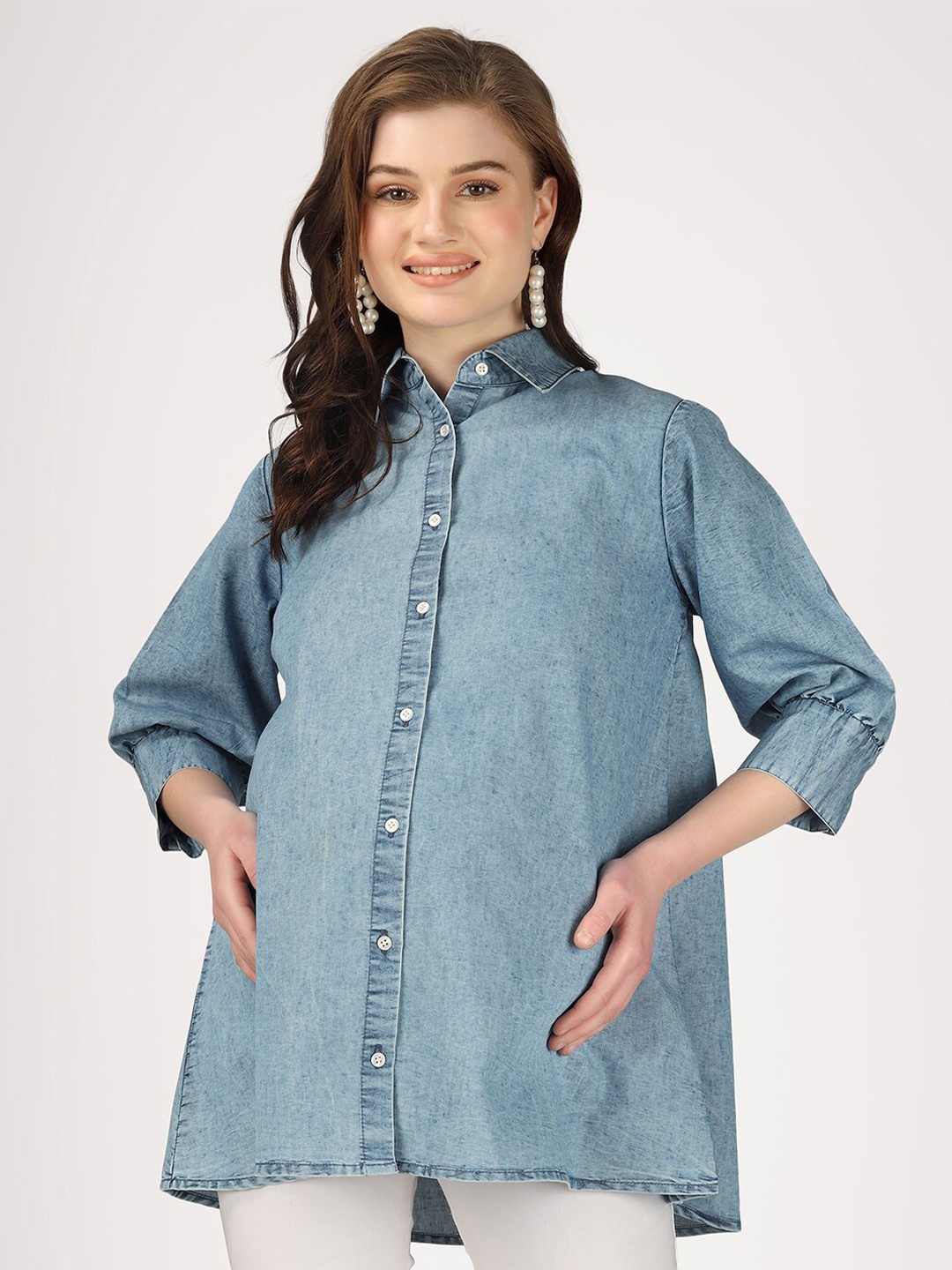 

angloindu Cotton Denim Shirt Style Longline Top, Blue