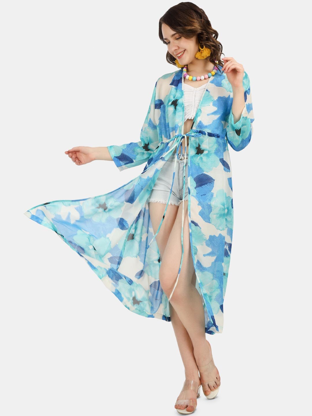 

angloindu Floral Printed Longline Tie-Up Shrug, Blue