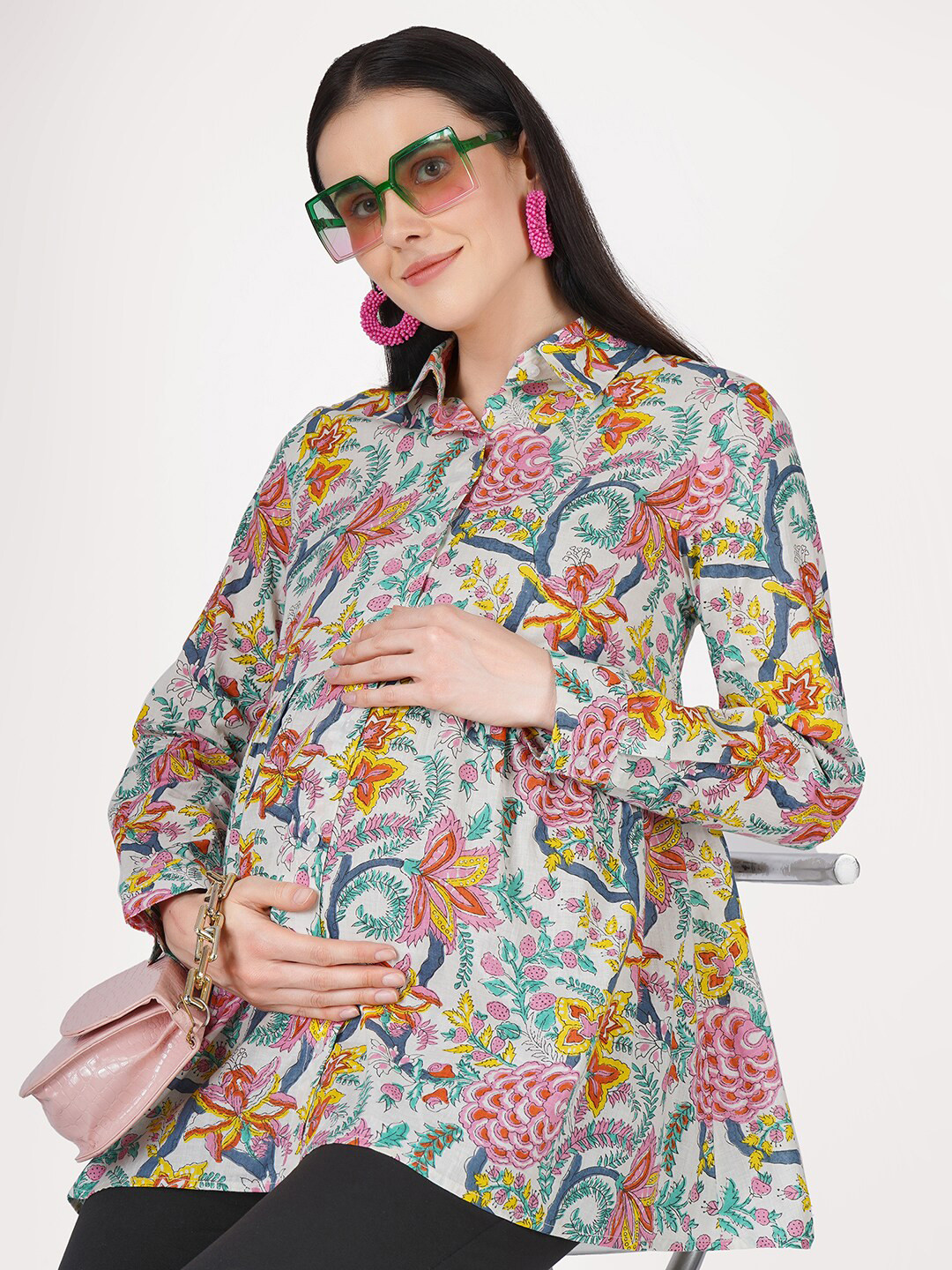 

angloindu Floral Print Shirt Collar Cotton Top, White